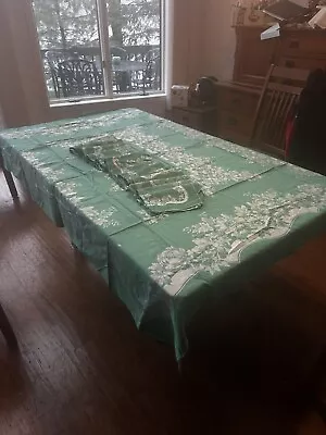 Vintage Green Damask Tablecloth 77 X58  & 15 Napkins Cottagecore Grannycore • $19.99