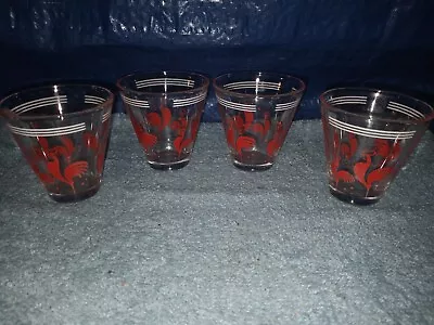 Vintage Barware Whimsical 4 Pc Shot Glass Set MCM Red Roosters • $18