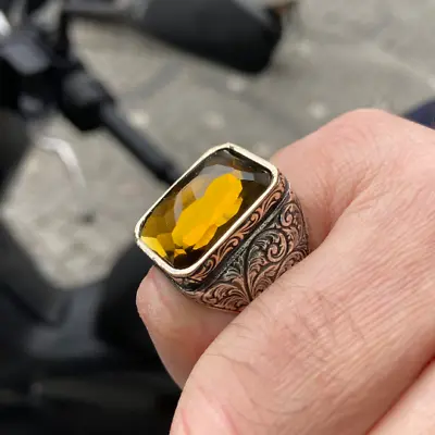 Citrine Stone Ring  Man Sterling Silver Ring  Turkish Handmade Ring  Raw Gems • $79