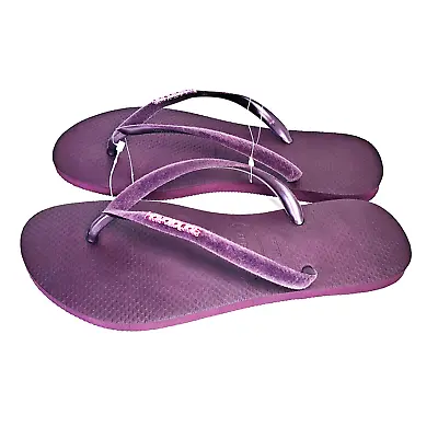 HAVAIANAS Womens Purple Velvet Strap Metal Logo Thong Flip-Flop Sandals Sz 9-10 • $25