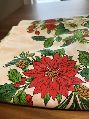 VTG Christmas White Tablecloth Poinsettias Floral Center Wreath  50  X 48  Linen • $25
