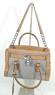 Michael Kors Hamilton Satchel Handbag Purse Classic Lock & Key Tan Gray Pockets  • $58.99