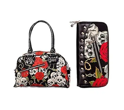 £45.99 • Buy Banned Skull Roses Stud Zip Handbag Shoulder Bag & Wallet Gift Set Goth Punk Emo