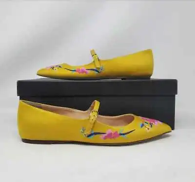 New Women's 8 J Crew Embroidered Flowers Satin Yellow Mary Jane Flats • $149.99