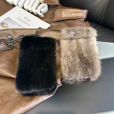 Womens Real Mink Fur Purse Wallet Small Phone Pouch Party Bag Crossbody Bag • $45.99