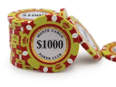 100 Monte Carlo Poker Club 14g Premium Clay Poker Chips - $1000 Denomination • $35.96