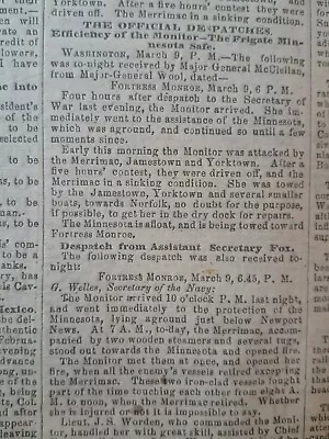 Civil War Newspapers- MONITOR Vs MERRIMAC VERY 1st NEWS OF THE NAVAL BATTLE • $79.50