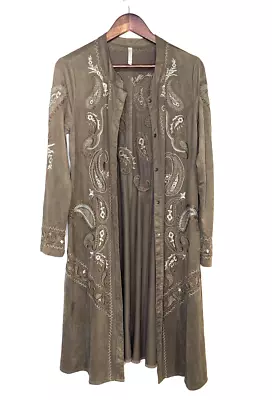 Monoreno Button Duster Cardigan Stretch SZ S Paisley Olive Green Boho Suede A66 • $22.99