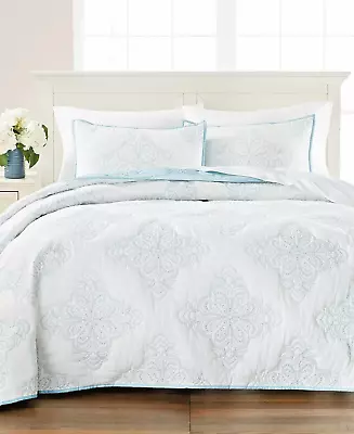 3-Pc Martha Stewart Embroidery Medallion Floral Queen Quilt Set Shams White Blue • $139.95