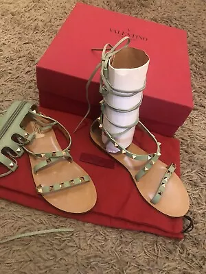 Valentino Garavani Rockstud Leather Mint Gladiator Sandals Flat Shoes UK 4  VGC • £195