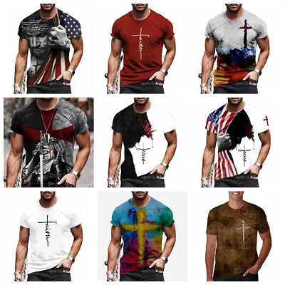 T Shirt Faith Cross Jesus Christian Graphic Print Fashion Short Sleeve Men's Tee • $18.86