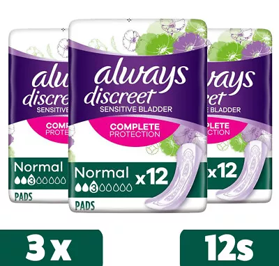 £9.99 • Buy 36 X Always Discreet Sensitive Bladder Incontinence Pads Normal (3 Packs Of 12)