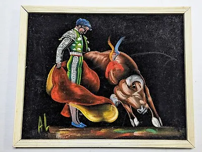 Vintage MCM Framed Black Velvet Painting Matador And Bull- From Mexico- 15 X19  • $29.99