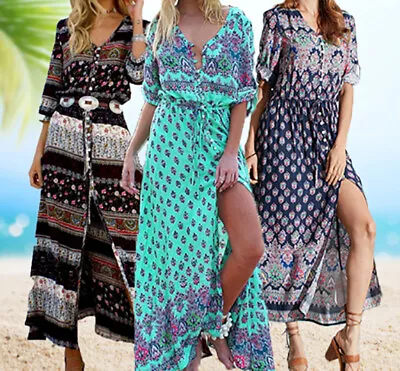 Women's Casual Sundress Boho Beach Slit Long Maxi Floral Summer Beach Dress • $18.99