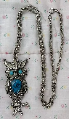 Vintage Silver-Tone Turquoise Owl Pendant On 23” Chain Necklace • $24.99