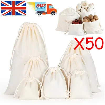 50x Calico Drawstring Storage Bags Natural Cotton Bulk Linen Tote Food Gift Bag • £13.99