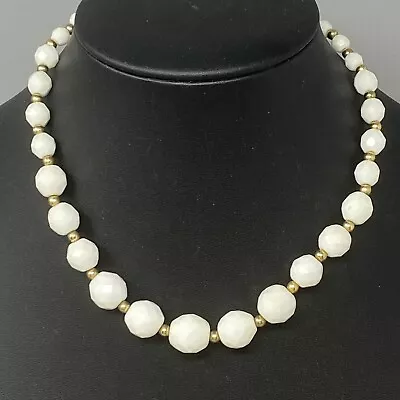 Vintage Glass Necklace White Faceted Bead Graduating Gold Tone Spacer Classic 15 • $14.07