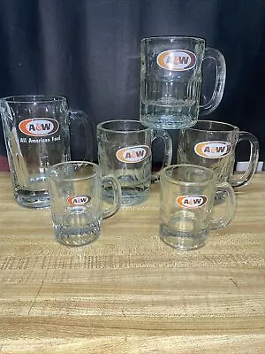 Vintage Set 6 A&W Root Beer Heavy Dimpled Glass Mug 6  & 4.5” & 3” AW 1970s • $55