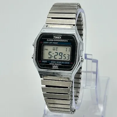 Vintage 1980s Men's TIMEX Quartz Digital LCD Silver Tone Alarm Chrono Watch Runs • $29.99