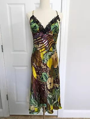 Vintage Mary L. Couture Silk Tropical Floral Slip Dress High Low Lace Sequin 10 • $100