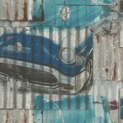 Rasch Vintage Street Art Cars Iron Sheet Grey/Blue Multi Wallpaper 212402 • £9.99