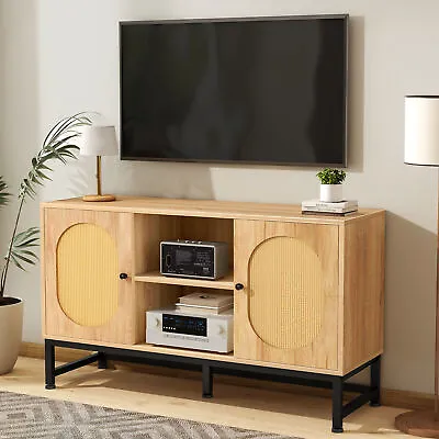 Mid Century TV Stand For 55  Media Console Entertainment Center With Rattan Door • $132.98