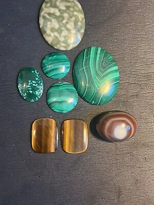 Lot Carved Malachite Cabochons Tigers Eye Agate Etc Collection Vintage Estate • $4.99