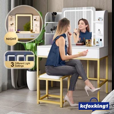 $239.49 • Buy Dressing Table Stool Mirror LED Lighted Jewellery Cabinet Makeup Storage Drawer