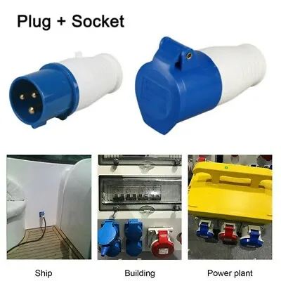 16Amp 3 Pin 240v Blue Plug And Socket Ip44 Camping Caravan Motorhome Hook Up • £8.58