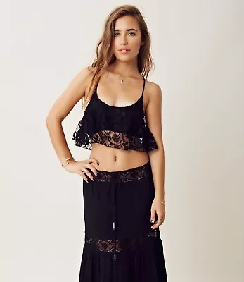 NWT Michelle Jonas Midi Lace Inset Cotton Gauze Boho Hippie Skirt In Black L   • $124.99