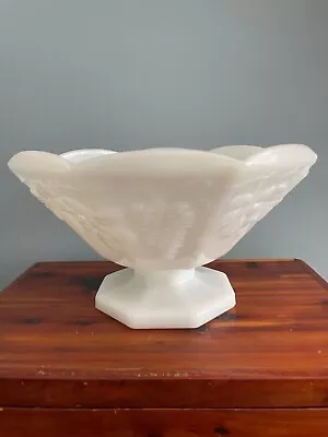 Vintage White Milk Glass Pedestal Footed Fruit Bowl Grape Vine & Leaf Pattern • $14.99