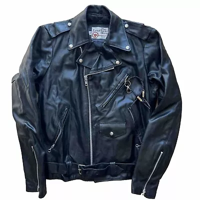 Vintage Sears Leather Shop Motorcycle Jacket 40 Tall Black 80s Punk Biker Art • $150