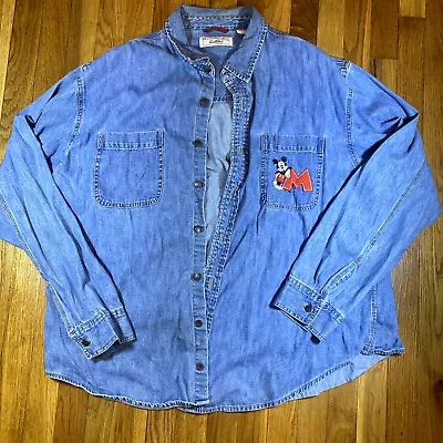 Vintage Disney Mickey Mouse Button Shirt Adult 2xl Denim Logo Signature Jacket • $21.99