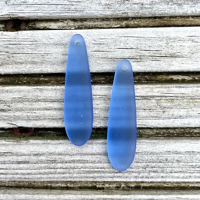 £7.25 • Buy 2 Pieces Cultured Sea Glass Long Teardrop Beads Drilled - 38x10mm Medium Blue