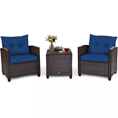 3PCS Patio Rattan Furniture Set Cushioned Conversation Set Coffee Table Navy • $189.99