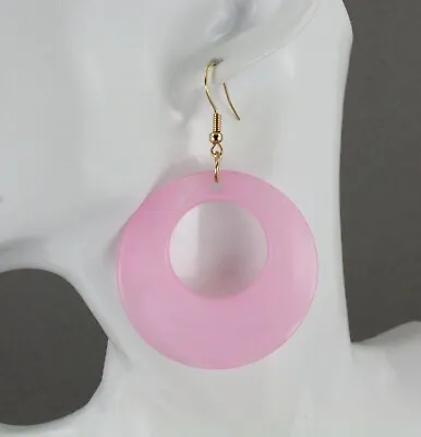 Pink Earrings Disc Dangle Round Circle 2 5/8  Long Plastic Marbled Look Disc • $9.99