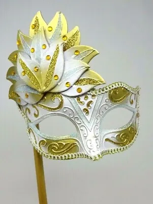 £17.95 • Buy  Gold & White Venetian Masquerade Carnival Ball Eye Party Mask Hand Held Stick