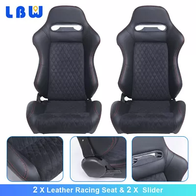 Reclinable Bucket Racing Seats PU Leather Seats Black Velvet Cushion Red String • $396.88