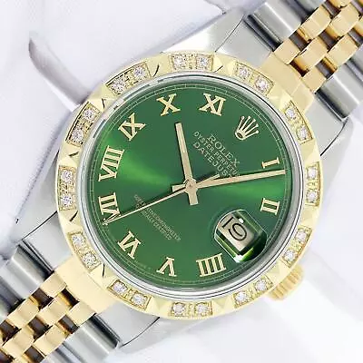 Rolex Mens Datejust Green Roman Watch Steel And 18k Gold Diamond Bezel Rolex Box • $6840