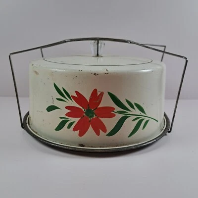 $13.59 • Buy Vintage Carlton Metal Cake Carrier Cream Red/Green Flowers - Condition Issues