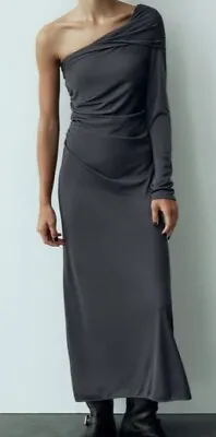 W@W Stunning* ZARA * Grey Asymmetric Knit Drape Midi Dress * Medium * NEW £45.99 • £12.99