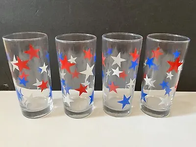 4 Vintage Red White Blue Stars Drinking Glasses Tumblers 6.25” • $21.09