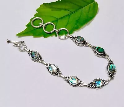 Natural Abalone Shell Bracelet 925 Sterling Silver  Adjustable Silver Bracelet • £17.30