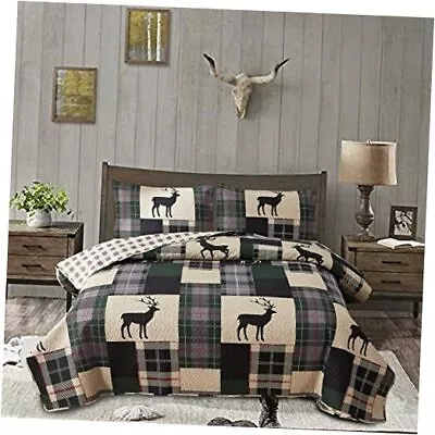 Reversible Rustic Quilt Sets Queen/Full Size Moose Full/Queen Green Black Gray • $55.98