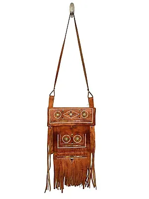 VTG Brown Leather Fringe Crossbody Shoulder Bag Western Moroccan Hand Tooled 21  • $85