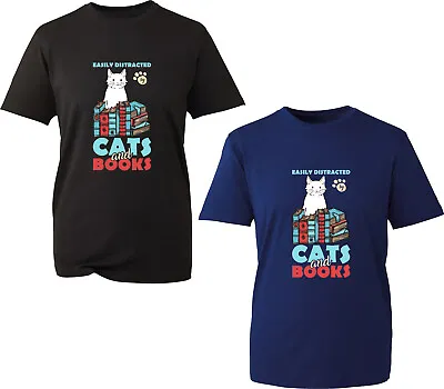 £10.99 • Buy Easily Distracted By Cats And Books T-Shirt Funny Cat Book Reading Quote Tee Top