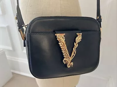 Versace Virtus Black Leather Camera Bag - Gold Tone V Crossbody $1195 Retail • $465