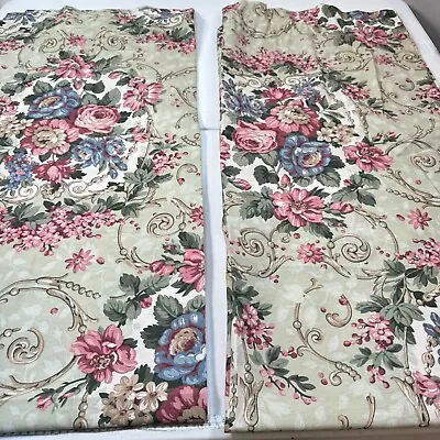 Vintage Curtain Panel Pair Set Green Pink Floral French Country Usa 1161-8 • $60
