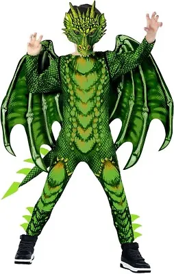 Deluxe Boys Green Dragon Costume With Wings Mask Kids Halloween Suit 4 - 14 Yrs • $38.95