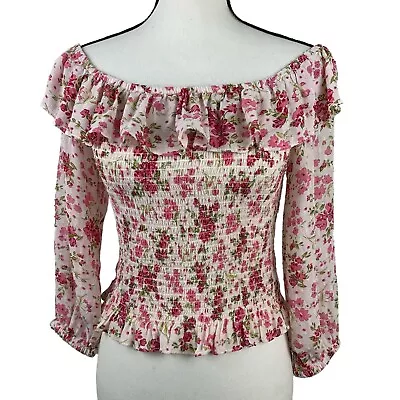 Zara Women's Off Shoulder Top Small Pink Floral Ruffle Smocked 3/4 Sleeve Blouse • $16.99